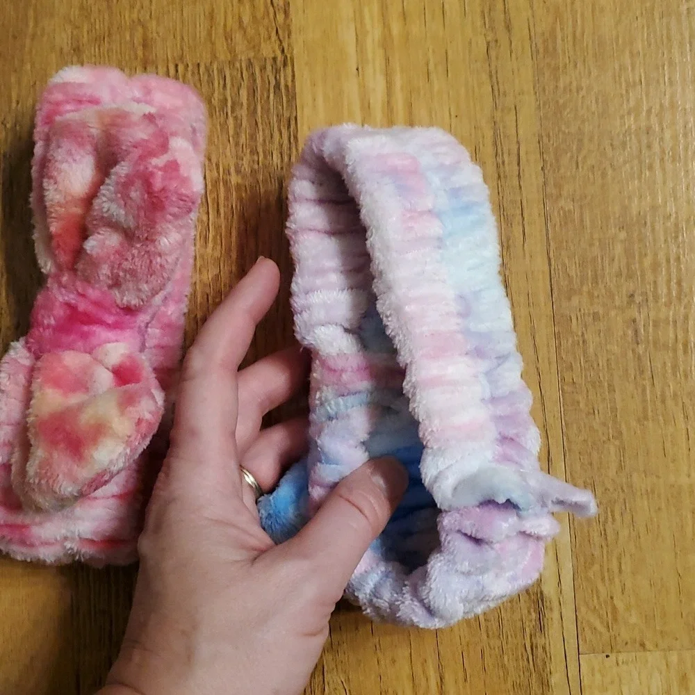2 Pack Spa Tie Dye Bow Fluffy‎ Headbands Pink And Blue Multi